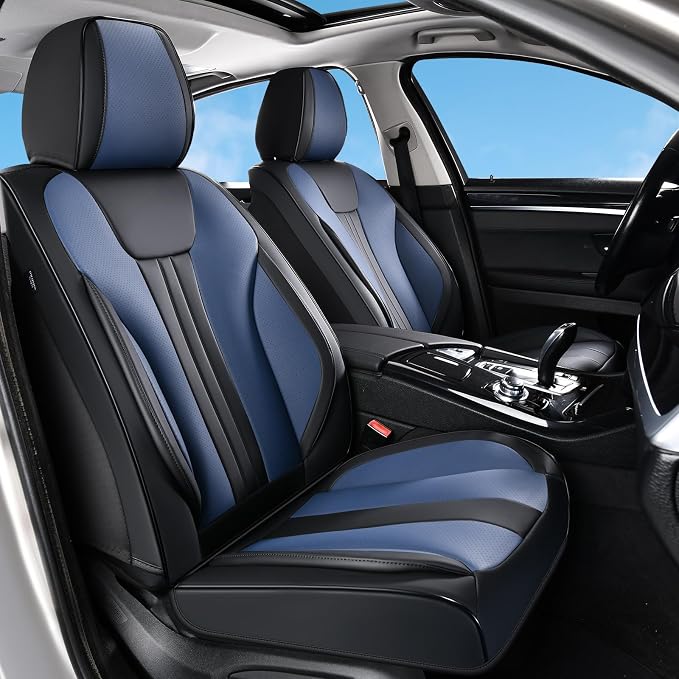 Huidasource Universal Car Seat Covers, Waterproof Faux Leather, Airbag Friendly, Easy Installation, Unobstructed Cup Holders, Scratch Resistant for Family Trips, Black & Blue