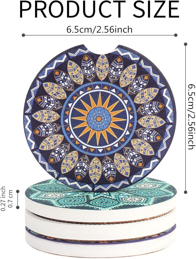 Vaincre 4 Pack 2.56" Car Coasters for Drinks Absorbent, Mandala Ceramic Cup Holder Coaster for Your Car with Fingertip Grip, Removable Cute Auto Accessories, Keep Vehicle Clean for Women & Girls