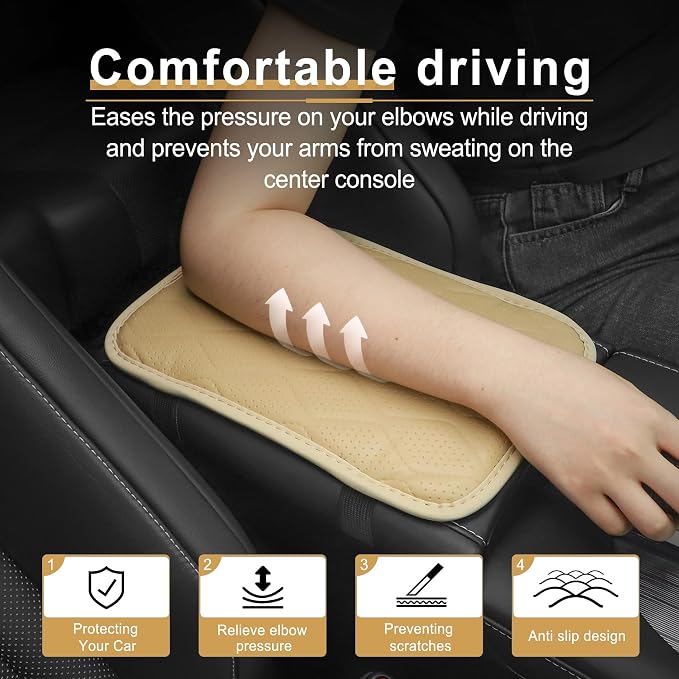 Amiss Car Center Console Cover, Leather Car Armrest Cushion, Universal Waterproof Cushion Pad, Non-Slip Car Interior Accessories, Fits Most Sedans SUVs Trucks (Light Beige)