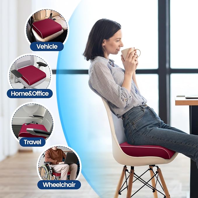 SweetSlubr Seat Cushion for Tailbone Pain Relief, Office Chair Cushion, Memory Foam Large Chair Pad with Non-Slip Cover for Soft Support at Office Chair, Car Seat, Airplane Red/X-Large