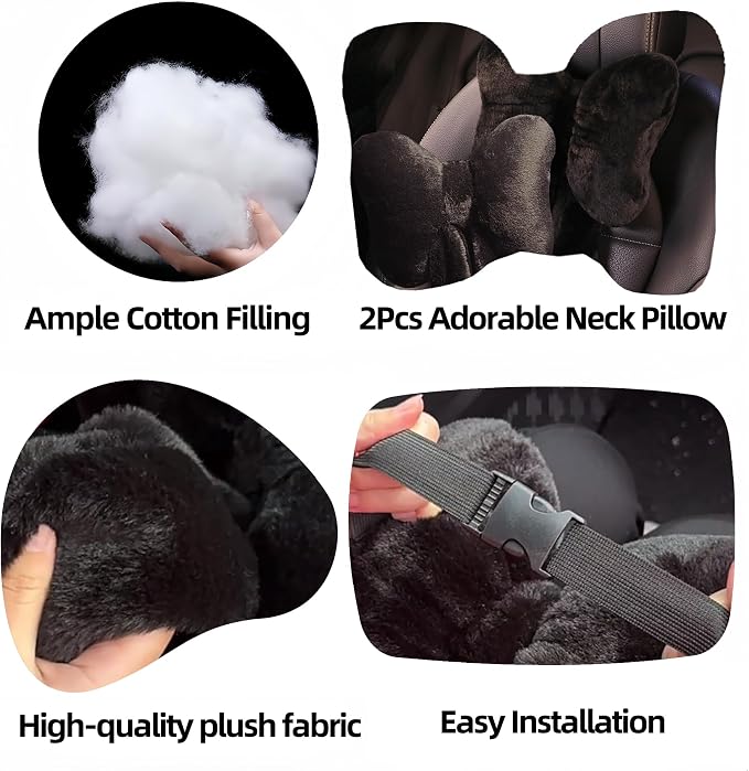 Car Neck Pillow 2PCS Plush Bowknot Car Headrest Pillow – Comfortable Neck Support for Driving Soft Touch Fabric Car Pillow Cute Interior Decor (Black)