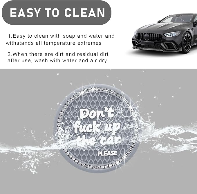 Ohleats Bling Car Cup Coaster, 2.75 Inch Non-Slip Don't Fuck Up My Car Please Cup Holder Insert Coaster, Crystal Rhinestone Auto Drink Cup Mat, Universal Car Accessories (Gray-4PCS)