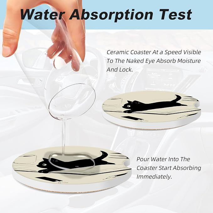 Kawaii Anime Black Cat Car Coasters for Cup Holders,2 Pack Car Cup Holder Coasters for Car,Ceramic Absorbent Car Coaster with A Finger Notch and Cork Base,Car Interior Accessories for Women Men