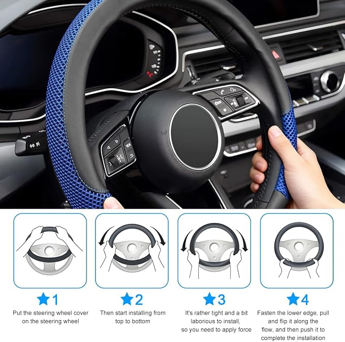 Car Steering Wheel Cover, 14.5-15" Microfiber Leather Ice Silk Breathable Non-Slip Steering Wheel Protector, Cool Auto Interior Decor Accessories, Universal for Truck SUV Van (Blue)