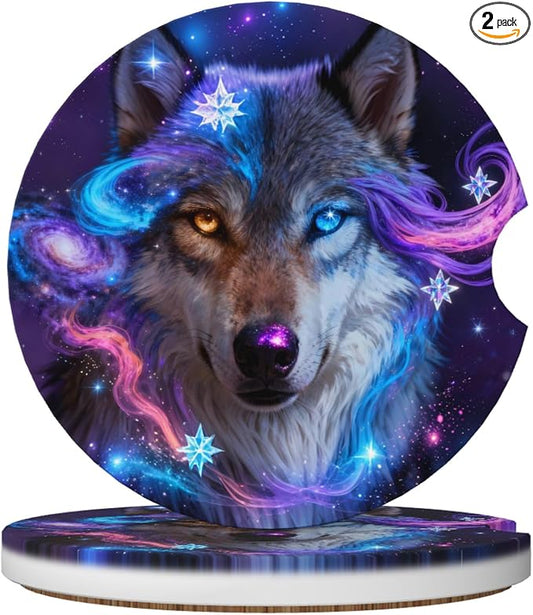 Galaxy Wolf Car Cup Holder Coasters 2 Pack 2.63" for Women | Universal Anti Slip Ceramic Absorbent Coaster with Cork Base and Finger Notch Cute Car Accessories Interior