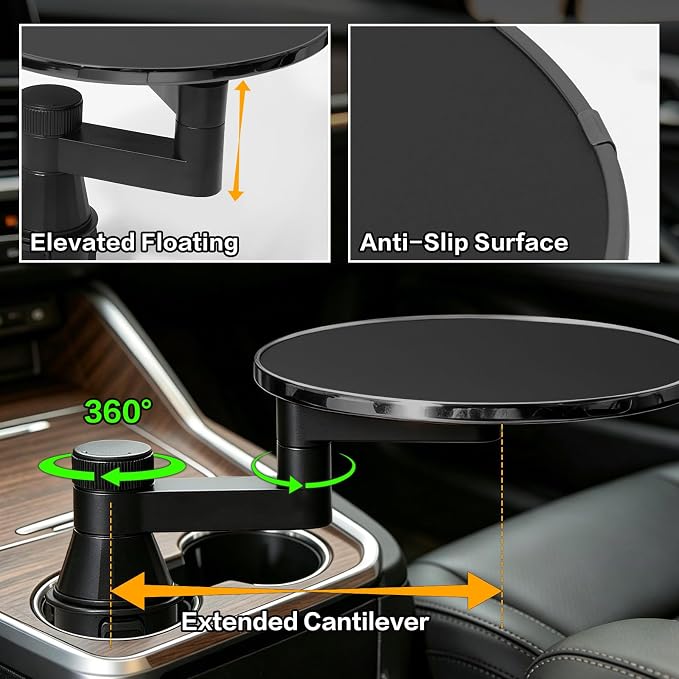 Car Tray Table & Car Desk for Laptop, Dual 360° Rotating Cup Holder Tray, Anti-Slip Leather-Textured Car Food Tray for Eating, Working & Makeup, Compatible with Tesla Model Y/3/S & Most Vehicles