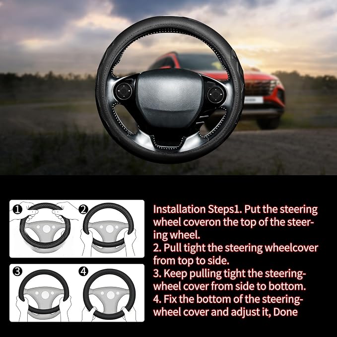 Steering Wheel Cover with Anti-Slip Leather Grip Compatible with Ford, Toyota, Honda, Nissan, and Chevrolet Vehicles for 14.5-15.35 inch Round Steering Wheels Universal Car Accessories