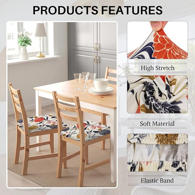 SearchI Water Repellent Seat Covers for Dining Chairs, 6 Pack Jacquard Stretch Dining Room Chair Seat Covers, Kitchen Chair Seat Covers Protectors(Orange Flower)