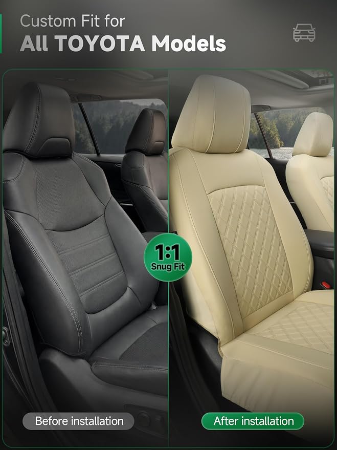 GIANT PANDA 2PCS Front Car Seat Cover for Toyota Rav4 Camry Highlander Corolla Prius Corolla Cross Venza Avalon, Faux Leather Bucket Seat Covers (Beige)