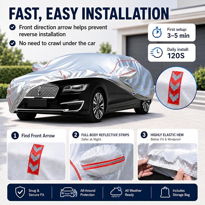 Waterproof All Weather Heavy Duty Vehicle Cover, 360° Underbody Wrap Windproof Design, Quick Install Outdoor Cover,（for Lincoln MKZ 1993-2025 ）