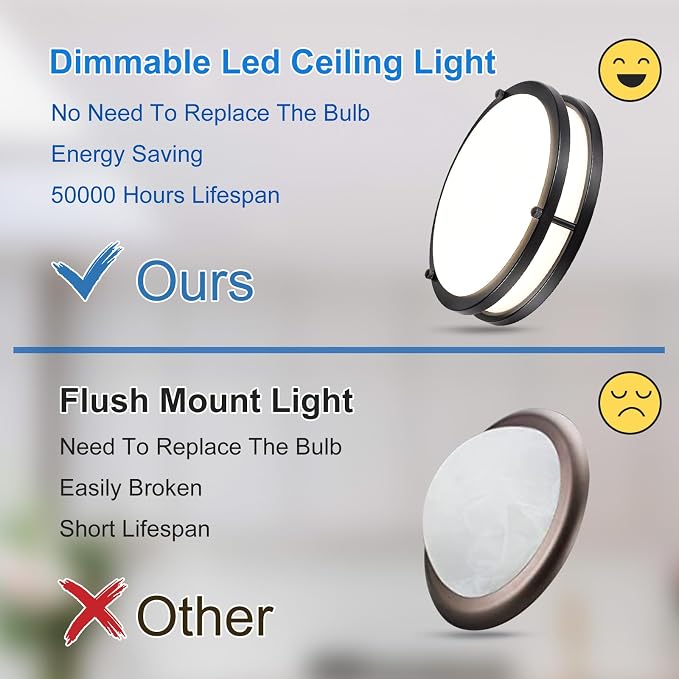 DLLT 2Pack Flush Mount LED Ceiling Light: 10 Inch 5CCT (3000K-6000K) & Dimmable Ceiling Light Fixtures for Bedroom Hallway - 18W Modern Black 1600LM Super Bright Kitchen Lighting Fixtures Ceiling
