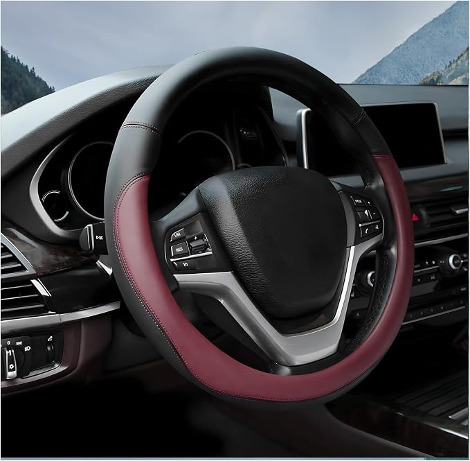 Leather Steering Wheel Cover, Anti-Slip Full Surround Car Wheel Protector with Comfortable Grip, Universal Elastic Decorative Cover Fit for 14 1/2-15 Inch Steering Wheels (Wine Red)