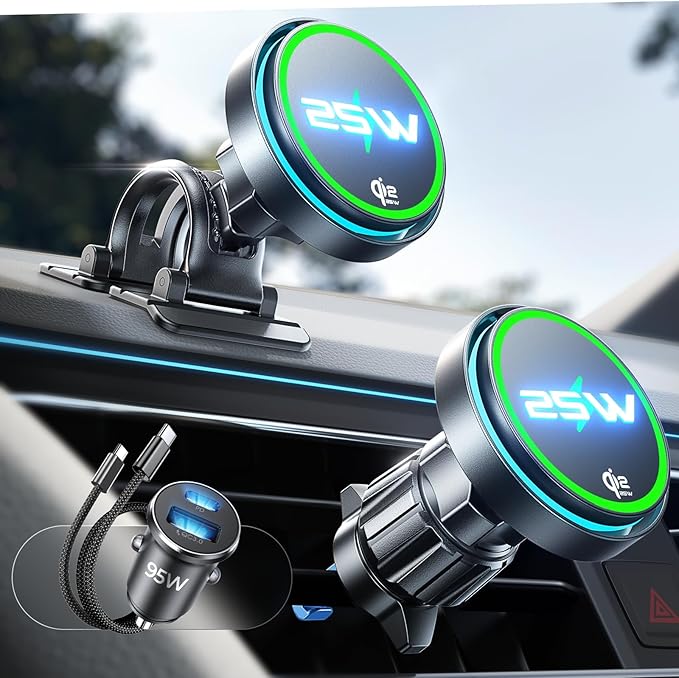 LISEN for Qi2.2 25W for MagSafe Car Mount Charger，[Smart Cooling Fan＆95W Fast Adapter] Magnetic Wireless Car Charger, Phone Holders for Your Car Accessories for iPhone 17 Pro Max Air 16 15 14 13 12 | [Smart Cooling Fan] Magsafe Car Mount Charger, [Qi2 ...