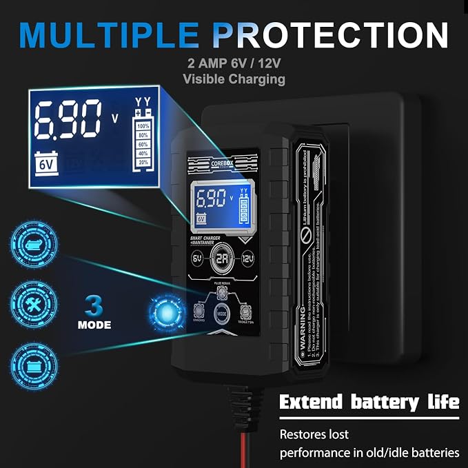 COREBOX Battery Charger 2-Amp 6V/12V Smart Trickle Charger for Car - Battery Maintainer Trickle Charger, and Automotive Battery Charger with Temperature Compensation for Car Truck Motorcycle