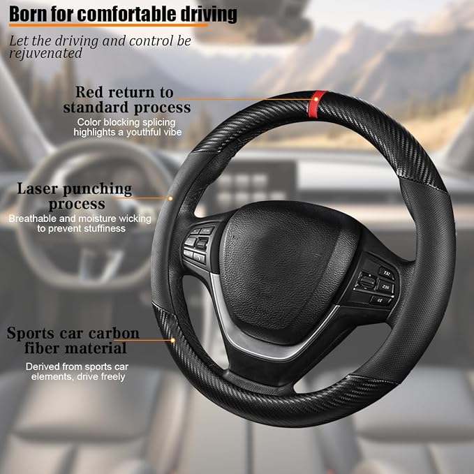 Carbon Fiber Car Steering Wheel Cover, Leather Breathable Automotive Wheel Protector, 15 Inch Anti-Slip Vehicle Interior Steering Accessories, Universal for SUV Truck Sedan (Black)