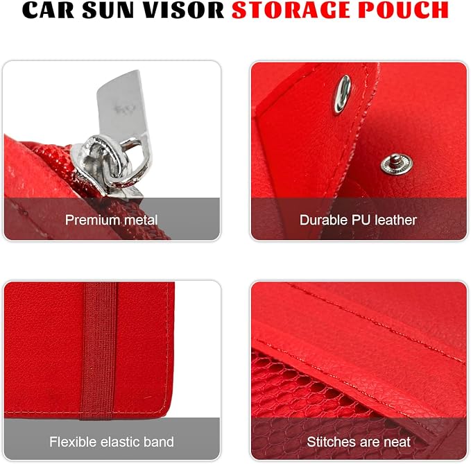 Car Sun Visor Organizer, Multifunctional Auto Visor Storage Bag with Net Pocket & Eyeglass Clamp, Waterproof Multi-Pocket Storage Pouch Ticket Organizer for Car Sun Visors (Red)