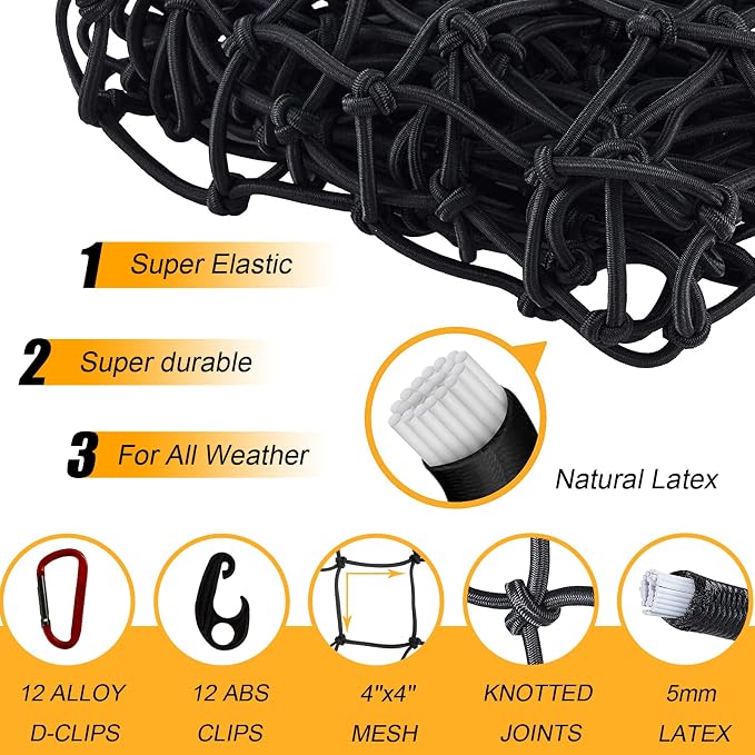 GSPSCN Cargo Net 6' x 4' for Truck Pickup Bed, Trailer,Boat,RV SUV Stretched to 12'x18' Max Roof Rack Net, 4”x4” Mesh Heavy Duty Bungee Cord Netting Compatible with Dodge Ram,Chevy Ford,Toyota