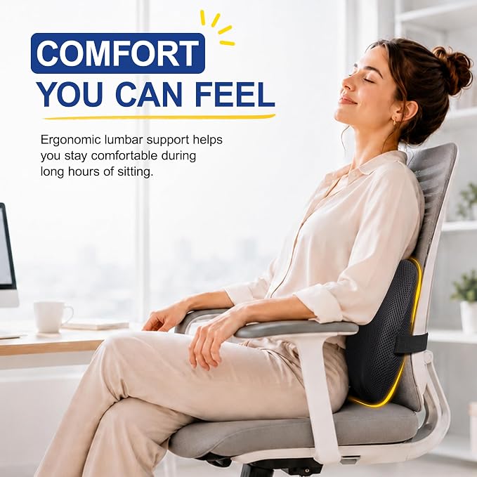Lumbar Support Pillow for Car, Back Support Cushion for Office Chairs | Memory Foam Car Lumbar Support for Driving Seat, Adjustable Straps, Car Back Support for Long Drives, Office Chairs, Black