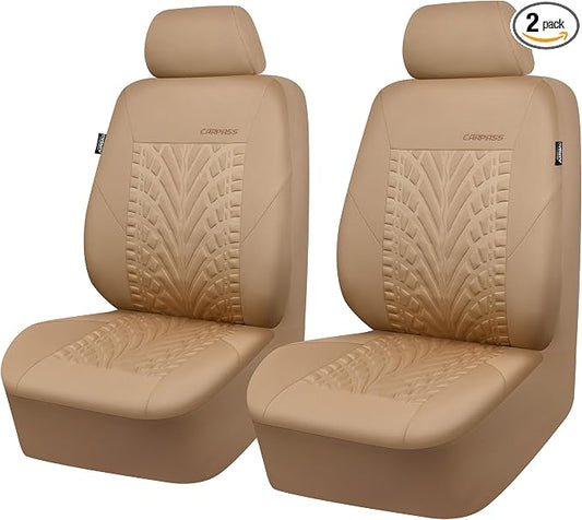CAR PASS Car Seat Covers Two Front Only for Car, 3D Tyre Print Automotive Interior Covers, Airbag Compatible, Quick Setup Universal Fit Seat Covers for Car, Truck, SUV(All Beige)