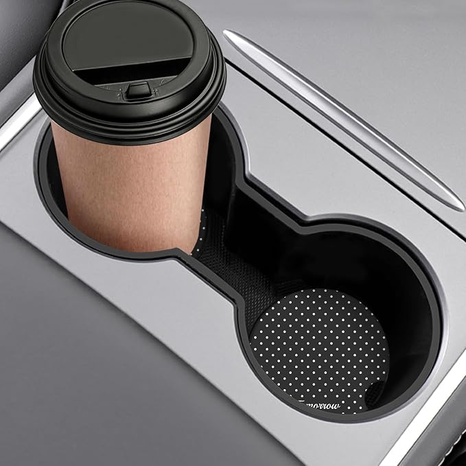 Cute Fashion Polka Dot Car Coasters 2 Pack for Cup Holders, 2.56 Inch Finger Notch Retro 70's Style Ceramics Heat Resistant Anti Slip Cork Base Car Drinks Coasters Auto Accessories-Black