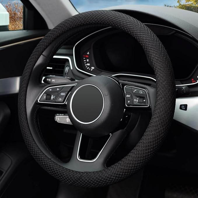 ZHOL Steering Wheel Cover Universal 15 inch Microfiber Breathable Ice Silk Steering Wheel Covers Anti-Slip Car Interior Accessories for Women Men, Warm in Winter and Cool in Summer, Black