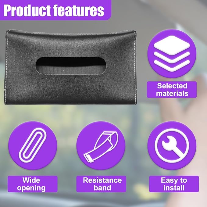YoRise Car Sun Visor Tissue Holder, Soft Leather Automotive Hanging Napkin Storage Box, Rectangular Vehicle Interior Tissue Organizer Case for Car, SUV, Truck (Black)