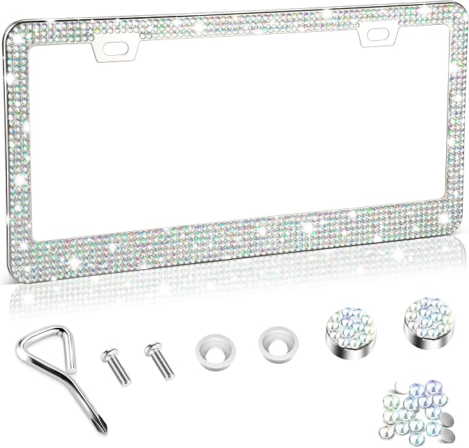 Amiss Bling License Plate Frame for Women, 1Pack Rhinestone Handcrafted Crystal Premium Stainless Steel, Stainless Steel Car Decorative Accessories with Diamond Sparkle Glitter Caps (Colorful)