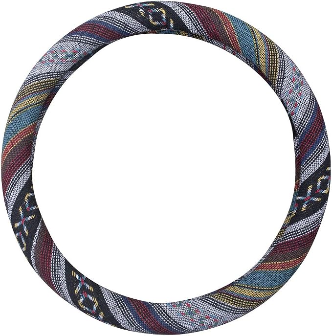 Medium Ethnic Style Coarse Flax Cloth Automotive Steering Wheel Cover Anti Slip and Sweat Absorption Auto Car Wrap Cover (14.5''-15'',E)