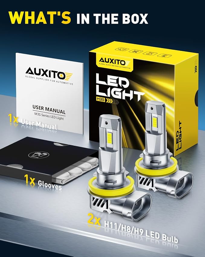 AUXITO H11 H9 H8 Light Bulbs, 50000LM 6500K Cool White, Plug and Play CANbus Ready No Flicker, Pack of 2