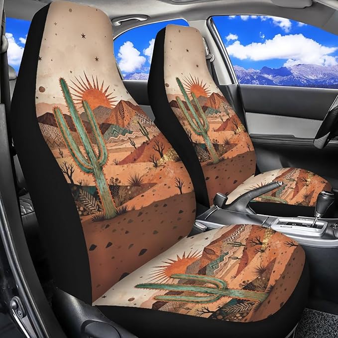 Desert Cactus Car Front Seat Covers Arizona State Car Seat Covers Full Set of 2 Stretch Polyester Fabric Cover Automotive Interior Seats Covers for Most Cars SUV Sedans