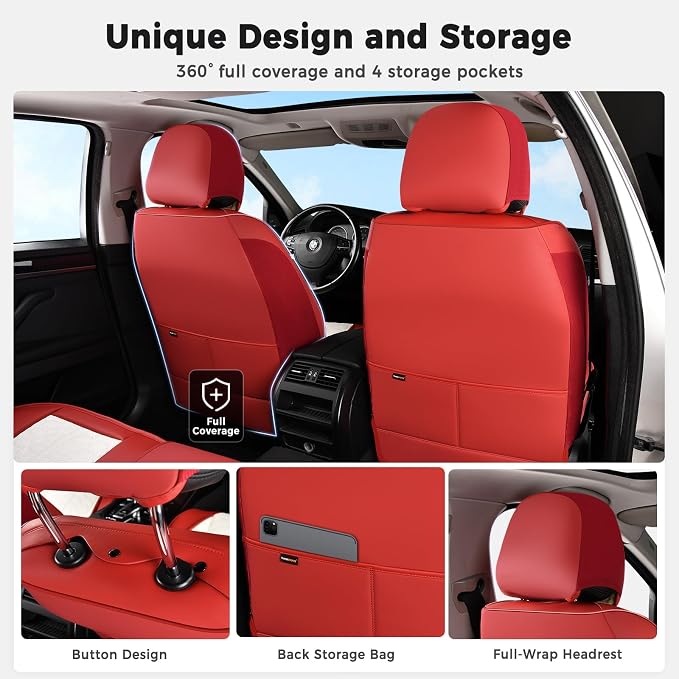 Huidasource Seat Covers for Cars, Leather Car Seat Covers Front and Rear Seat Full Set, Automotive Car Seat Cushion Covers Protector 5 Seats Fit for Most Cars SUV Trucks, Red & White