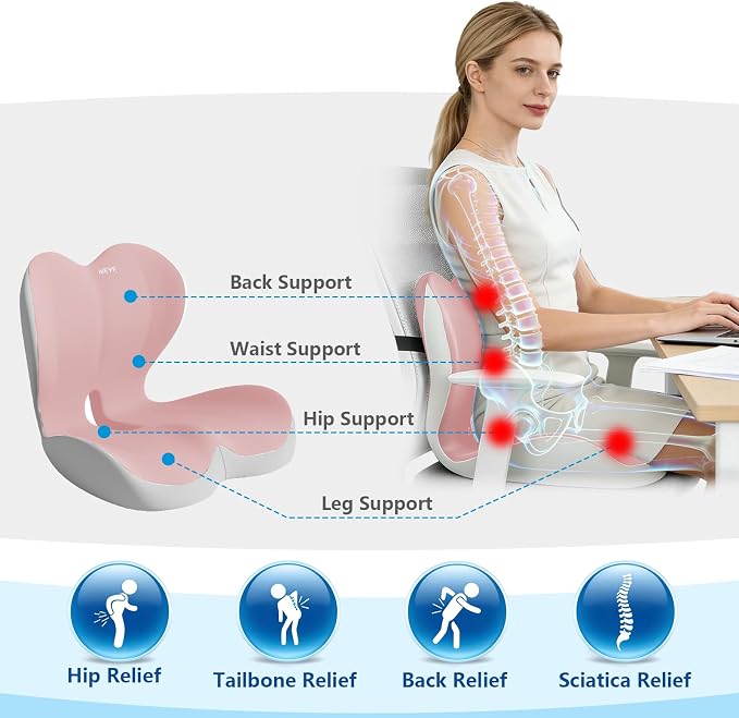 Ergonomic Memory Foam Seat Cushion with Strap for Office Chair, Pink Grey