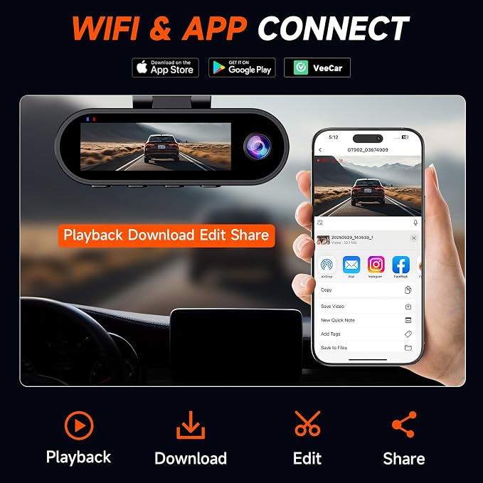 GT902 Dashcam 4K 3 Channel Dash Cam Front Rear Inside, True 170° Wide Angle, 3.19" IPS Screen 2.4G WiFi Custom APP Control, Loop Recording Collision Lock G-Sensor Parking Monitor, 256GB Storage Max