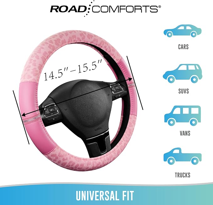 Road Comforts Leopard Steering Wheel Cover for Women, Cute Anti-Slip Microfiber Leather, Universal Fit 14.5-15 Inch Round Steering Wheel - Full Pink