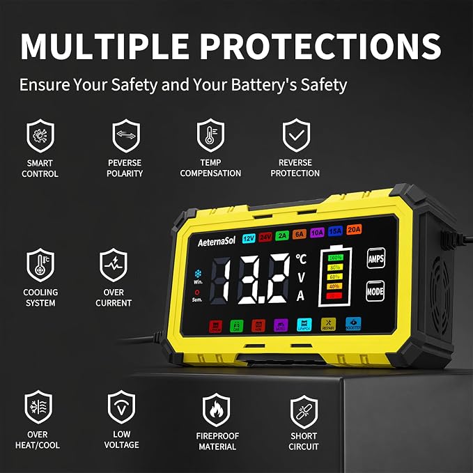 20A 12V/24V Battery Charger LiFePO4 Lead Acid Battery Maintainer,Battery Desulfator with Temperature Compensation,Smart Car Battery Trickle Charger for Car Truck Motorcycle Lawn Mower Boat