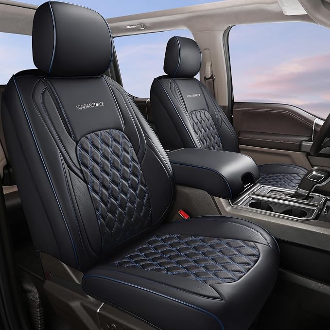 Huidasource 2018-2026 Wrangler JL Seat Covers 4 Door, Waterproof Leather Seat Covers Full Set for Jeep Wrangler JL 4-Door with Rear Cupholder, Custom Fit Seat Cushion Covers (Full Set/Black&Blue)