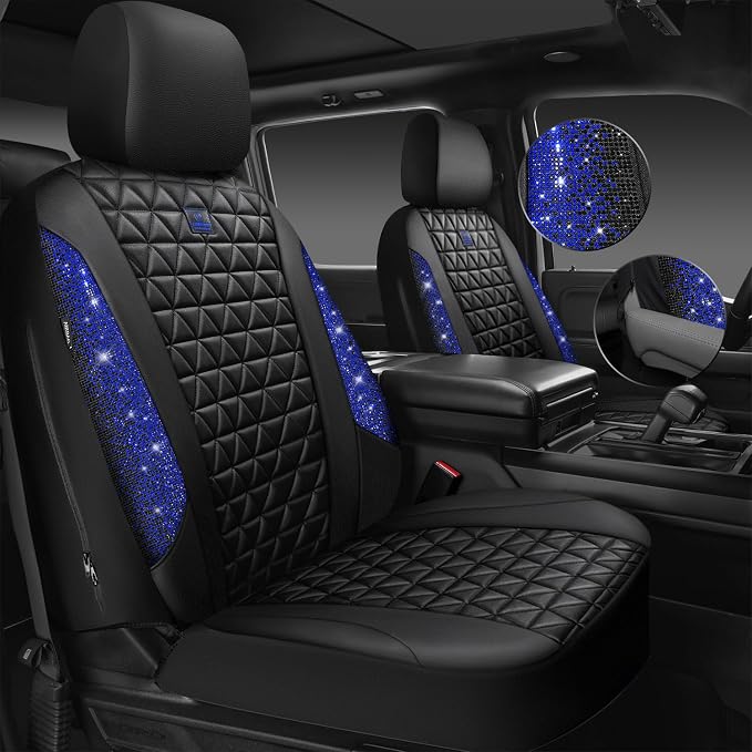 CAR PASS Bling Diamond Black Leather Car Seat Covers Full Set Interior Sets, Waterproof Shining Glitter Sparkly Crystal Universal Armrest Fit Automotive Truck SUV Cute Women Girl, Blue Rhinestone