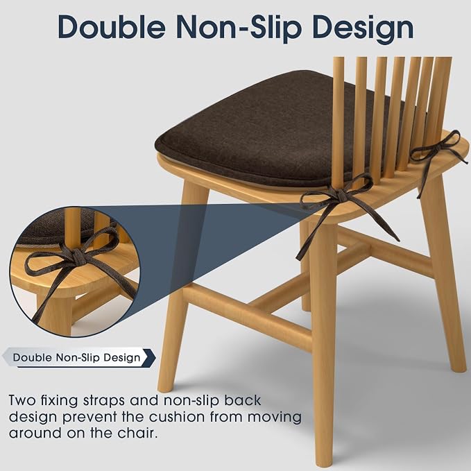 TushGuard Chair Cushions, 4 Pack Memory Foam Chair Pads, Thin Seat Cushion, Kitchen Chair Cushions Set of 4, Anti-Slip Backing & Fixed Straps, 1.4 in Thick, Brown