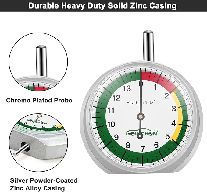 GODESON Tire Tread Depth Gauge,Dial Type Tire Depth Gauge in 32nds,Color-Coded and Easy Reading Tread Depth Gauge Professional for Motorcycle, Car,Truck and Bus, Silver Powder-Coated Zinc Alloy Casing