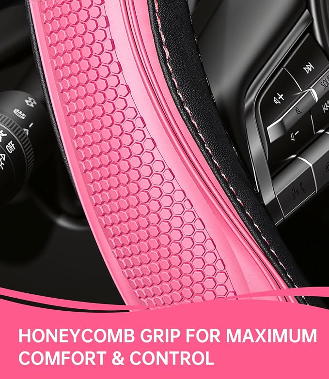 XCBYT Steering Wheel Cover - Pink Leather Steering Wheel Wrap Great Grip with 3D Honeycomb Quick and Effortless Installation Non-Slip Silicone Inner Ring for Women Man Universal Fit 14.5-15 Inch