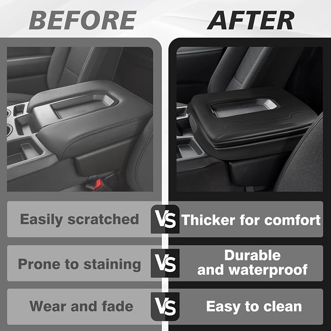 Muslogy Center Console Armrest Cover Fit for Chevy Silverado & GMC Sierra 2019-2026 Accessories, Comfort Armrest Pad Console Lid Cushion Vegan Leather 1-Inch Extra Thick(Split Bench Seat Console ONLY)