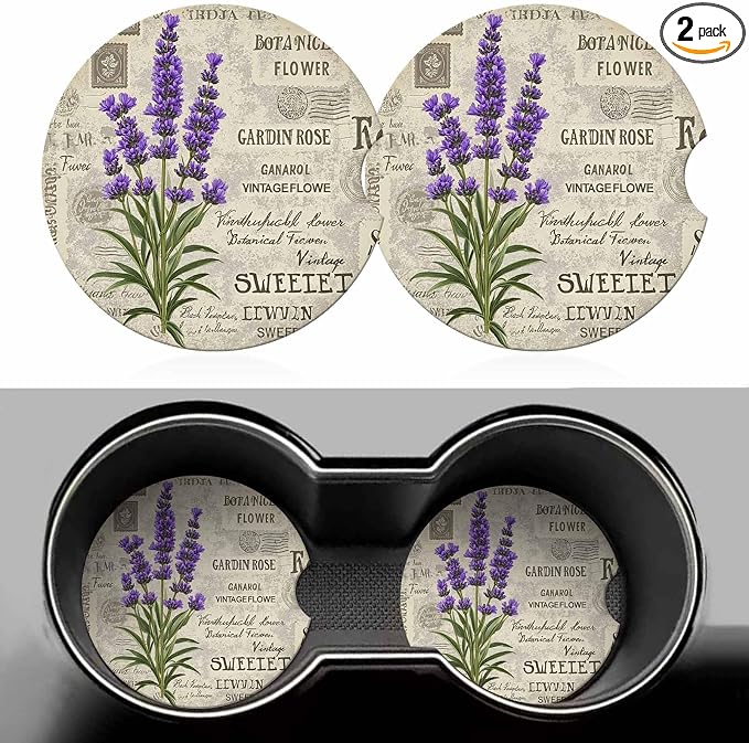 Lavender 2 Pack Car Cup Holder Coaster Anti Slip Insert Absorbent Ceramic Car Coaster with Cork Base and Finger Notch Cute Car Accessories Interior for Women Men