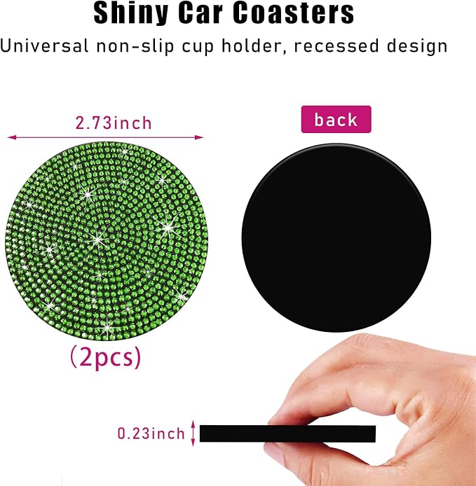 Ziciner 2PCS Bling Car Cup Holder Coaster, 2.73 Inch Anti-Slip Cup Insert Coasters, Crystal Rhinestone Auto Drink Cup Mat, Universal Interior Decor Car Accessories for Women Girls (Light Green)