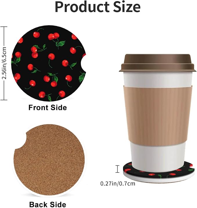 Cherry Watercolor Car Cup Holder Coasters 2 Pack 2.63" for Women | Pattern Universal Anti Slip Ceramic Absorbent Coaster with Cork Base and Finger Notch Cute Car Accessories Interior