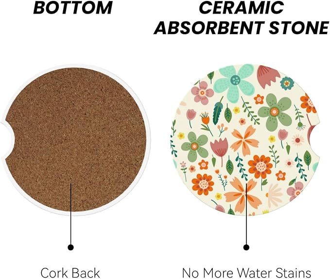Flower Floral Car Cup Holder Coaster 2 Pack Absorbent Ceramic Car Coasters for Cup Holders Car Accessories Interior for Women Men Universal Anti Slip Cork Base Cup Coasters with Finger Notch