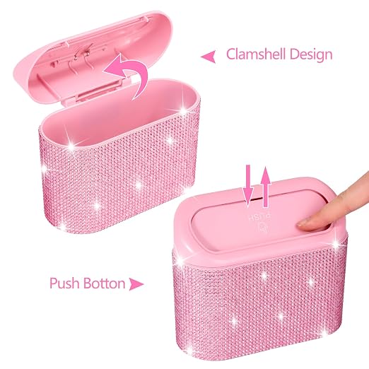 NBTEPEM Bling Pink Car Trash Can with Lid, Mini Auto Garbage Can with 30 Trash Bags, Automotive Garbage Container Bin, Bling Car Accessories Trash Can for Women (Pink Diamond)