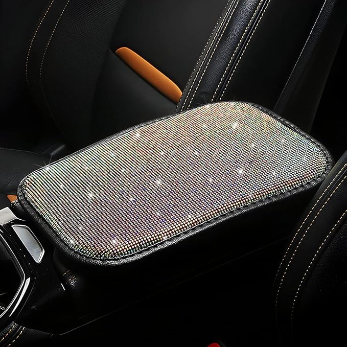 Bling Center Console Cover, Diamond Fashion ArmRest Pad, Crystal Soft Arm Rest Protective Cushion, Car Accessories for Women Girls, 11.8"×8.5" for Most of Vehicles, SUVs, Trucks (Black&MultiColour)