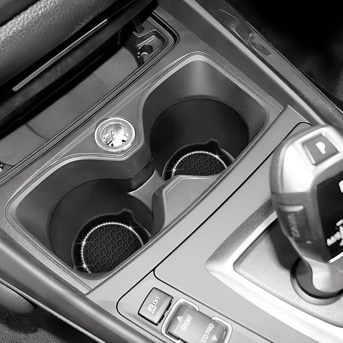 4PCS Bling Car Cup Holder Coaster, Crystal Rhinestone Insert Dustproof Non-Slip Drink Cup Mat, Diamond Shockproof Auto Interior Water Bottle Pad Cushion Coaster, Universal Fit (Black)