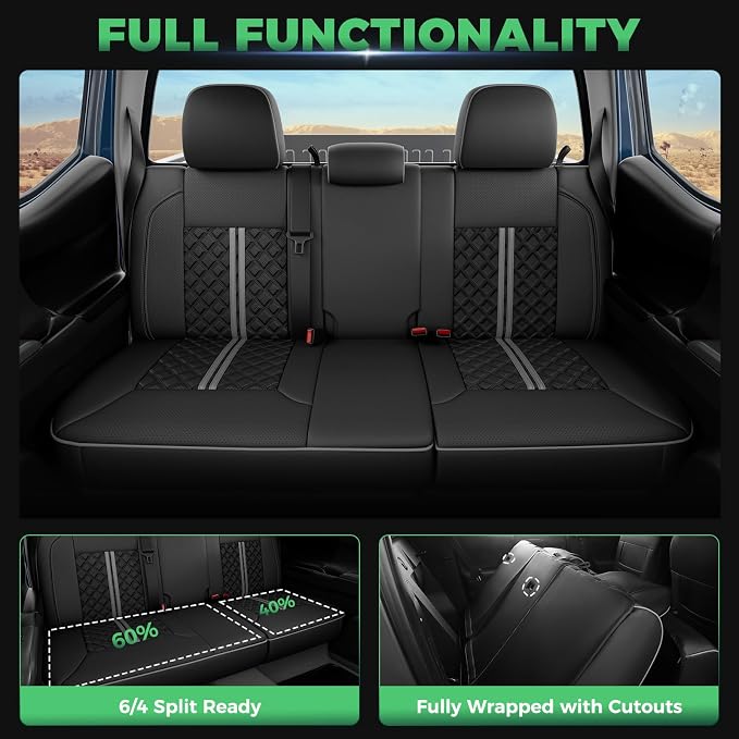 Custom Seat Covers for Tacoma 2016-2023 3rd Gen Double Cab SR5/TRD Off-Road/SR/TRD Sport/TRD PRO Full Set with Console Covers, Waterproof Leather Back and Front Seat Protectors Black Grey