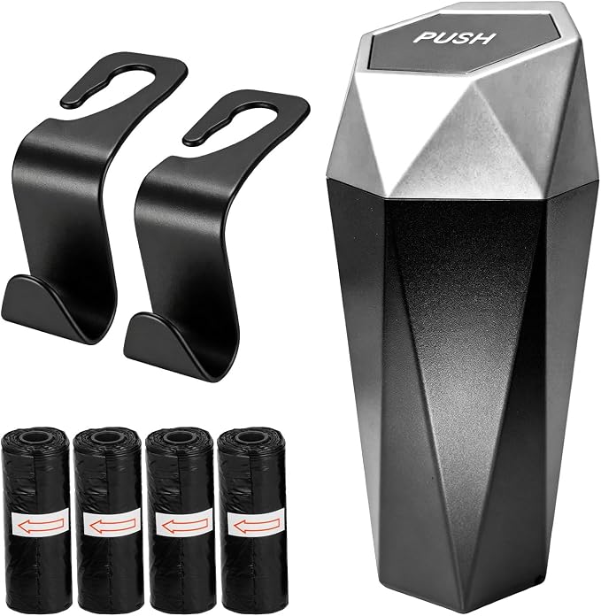 Car Trash Can with Lid, Waterproof Diamond Design Auto Cup Holder Trash Bin, Leakproof Mini Garbage Organizer for Vehicle Home Office Kitchen Bedroom, Car Accessories (Silver)